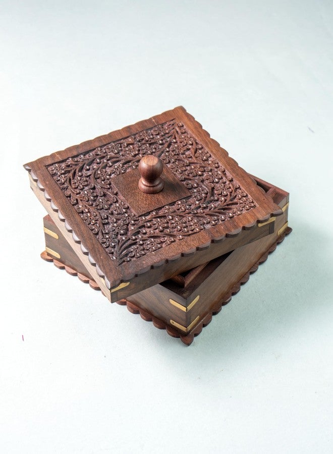 JUNSU CRAFT RA Junsu Craft Sheesham & Teak Wood Dry Fruit/Spice Box | 4 Partitions | Handmade Showpiece Box | Hand Carving Decorative Gift Boxes | Carved Lid | Square Shape | Size 19.5 x 8 cm - Image 3